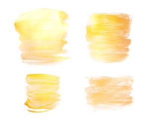 Vector gold paint smear stroke stain set. Abstract gold glittering textured art illustration. Gold Texture Paint Stain Illustration. Hand drawn brush strokes vector design elements. Acrilyc strokes.