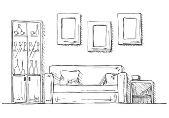Linear sketch of an interior. Hand drawn vector illustration of a sketch style.