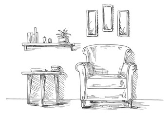 Chair, table with mug. Two low-suspended lamps above the table. Shelf with books and plants. Hand drawn vector illustration of a sketch style - 182602050