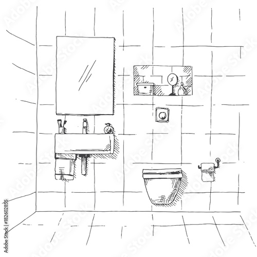 "Hand drawn sketch. Linear sketch of an interior. Part of the bathroom