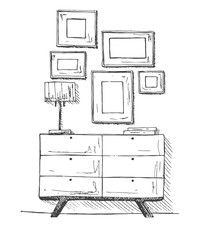 Chest of drawers, lamp and decoration. Vector illustration of a sketch style.