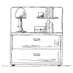 Bedside table with a lamp. Vector illustration in sketch style.