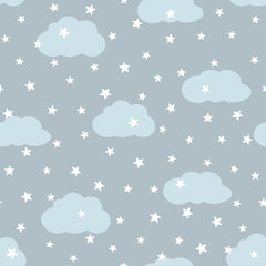 Sky with clouds and stars. Seamless pattern for children.