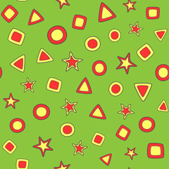 Triangles, stars and circles drawn by hand. Bright geometric seamless pattern for children. Sketch, doodle.