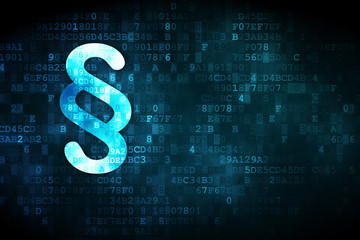 Law concept: pixelated Paragraph icon on digital background, empty copyspace for card, text, advertising