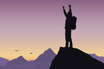 Vector illustration of a mountain landscape with a tourist on top of rock celebrating success