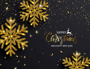 Elegant Christmas Background with Shining Gold Snowflakes. Vector illustration.