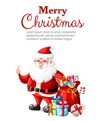 Christmas Santa Claus with thumb up gesture with red hat and gifts holiday character vector illustration isolated on white background with place for your text