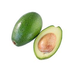 Avocado isolated on a white background. Whole and half fresh with core. Design element for product label.