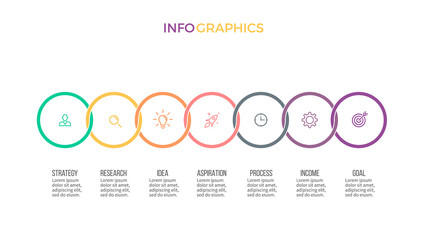 Business infographics. Timeline with 7 options, circles. Vector template.