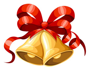 Golden Christmas bell with red ribbon and bow. Xmas decoration. Jingle bells icon. Vector illustration isolated on white background.