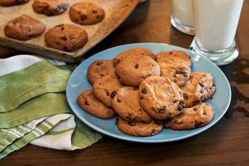 Plateful of chocolate chip cookies fresh and warm out of the oven with cold glass of milk