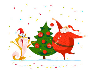 Christmas illustration with santa, christmas tree and dog in santa hat