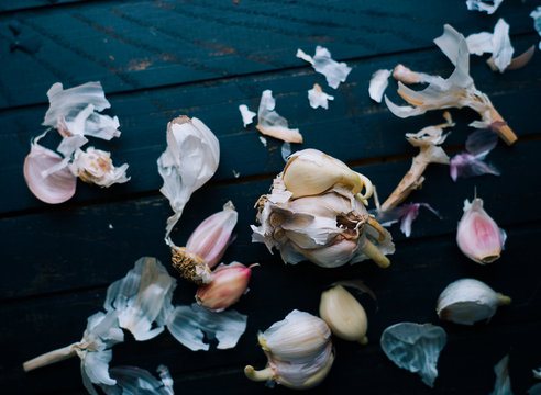 Healthy garlic in wooden table top view 