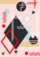 Composition of geometric shapes with a diamond pattern on a pink background with the use of fashionable colors. Abstraction. Vertical location. Vector