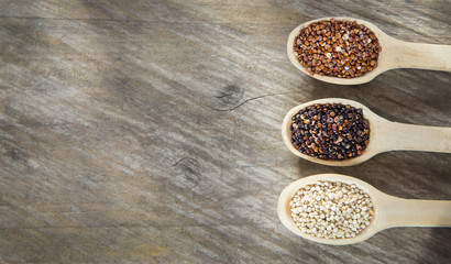 Seeds of white, red and black quinoa - Chenopodium quinoa