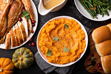 Mashed sweet potatoes on Thanksgiving table