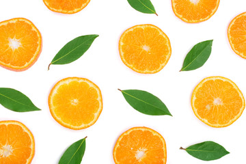 Slices of orange or tangerine with leaves isolated on white background. Flat lay, top view. Fruit composition