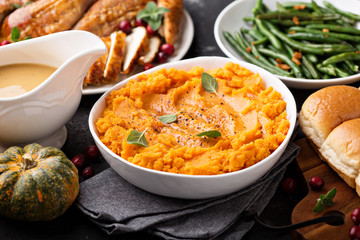 Mashed sweet potatoes on Thanksgiving table
