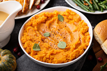 Mashed sweet potatoes on Thanksgiving table