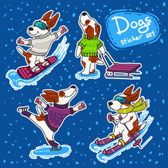 Winter sport stikers set with dogs in colorful sweaters