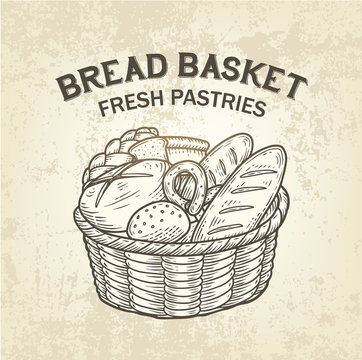 Composition of bread basket. Vector sketch of baking colllection, realistic, simple design. Bakery logo is good for advertisment of bakehouse, shop, natural products or recipe book design.