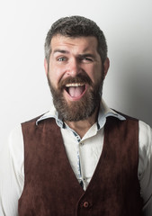 man with long beard on happy face