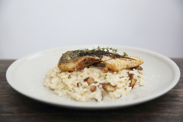 risotto with sea bass fillet steak on wood background , italian food