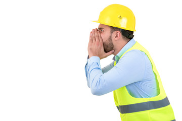 Angry builder or constructor yelling at somebody as fury concept isolated on white background with copyspace