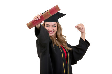 Happy graduate student holding a diploma isolated on white background.