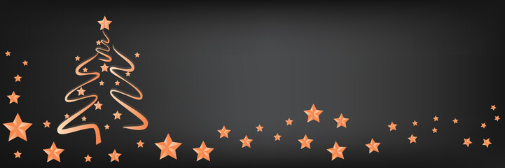 Beautiful fashionable Christmas tree with stars on a panoramic background, copy-space for text.