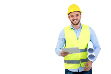 Handsome engineer working with a tablet pc, isolated on white