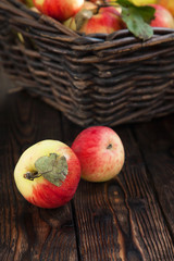 autumn apples in a basket on a wooden background
