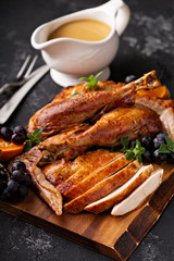 Carved turkey on a cutting board