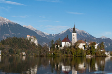 The most famous landmarks of Bled,Slovenia: its castle and church on Bled island