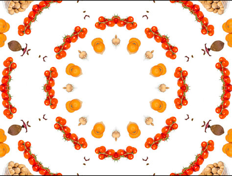 Ornament From Food. Fruits And Vegetables Kaleidoscope Background