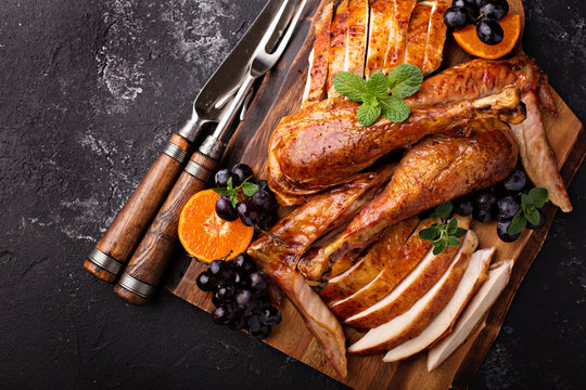 Carved turkey on a cutting board