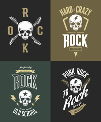 Vintage hard and punk rock vector t-shirt logo isolated on dark background. Premium quality skull logotype tee-shirt emblem illustration.
Street wear legendary music style retro tee print design set.