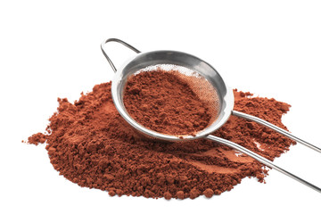 Sieve with heap of healthy cocoa powder on white background