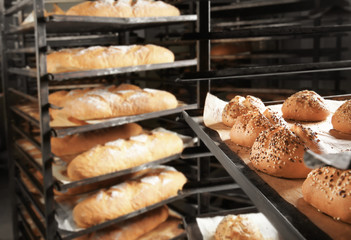 Bakery products on shelving, indoors