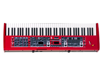 Synthesizer of red color isolated on a white background.