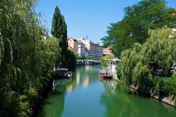 Fototapeta na wymiar Blick über die ruhige Ljubljanica zur Innenstadt von Ljubljana