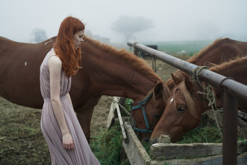 against a background of gloomy nature red-haired girl feeds two horses