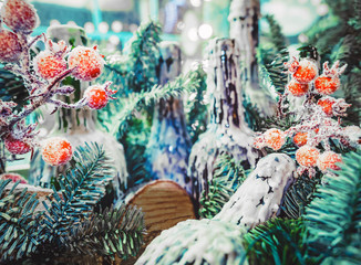 Christmas background with festive decoration and text Happy New Year on russian language. Xmas card with greeting