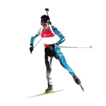 Biathlon race, skiing man in colorful jersey. Isolated vector illustration
