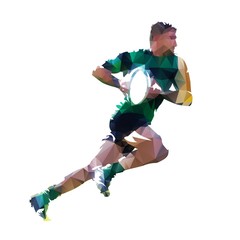 Running rugby player with ball, abstract low poly isolated vector illustration - obrazy, fototapety, plakaty