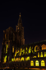 Beautiful colors of highlighted Notre Dame Cathedral in Strasbourg
