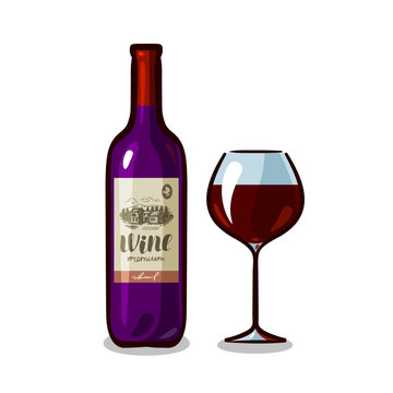 Bottle of wine and glass. Winery, alcoholic drink, beverage concept. Vector illustration