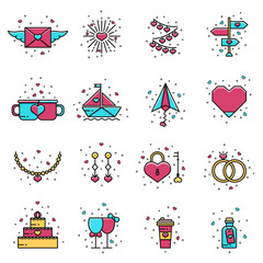 Set of love, romantic, wedding, engagement flat color line icons, signs, symbols. Collection of Valentine's Day colorful outline elements for greeting cards, banners, flyers, web and graphic design.