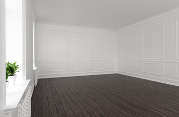 Empty room with parquet floor and white walls